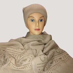 Scarf Set Guess Womens Beige Netutral Knit Beanie Studs Rhinestone Logo Design